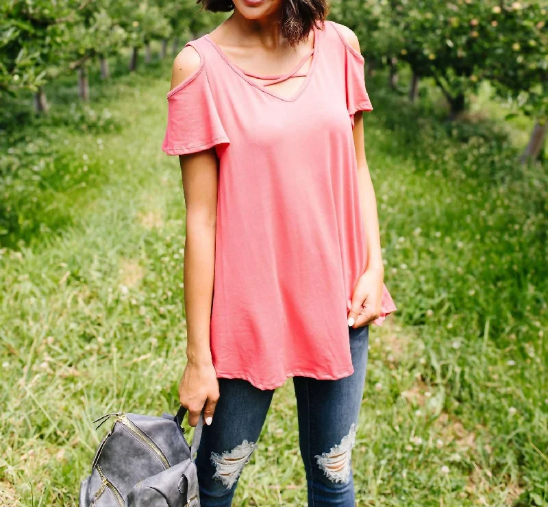 Versatile Wardrobe Essentials Cold Shoulder Crossed Heart Top In Coral