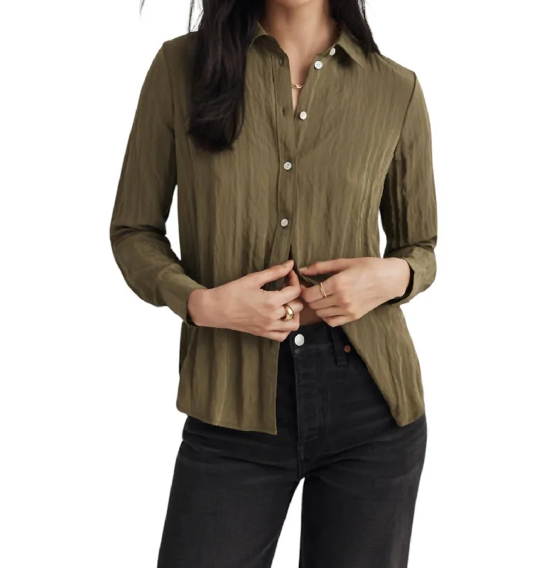 Vibrant Femme Fashion Crinkled Button-Up Shirt In Olive