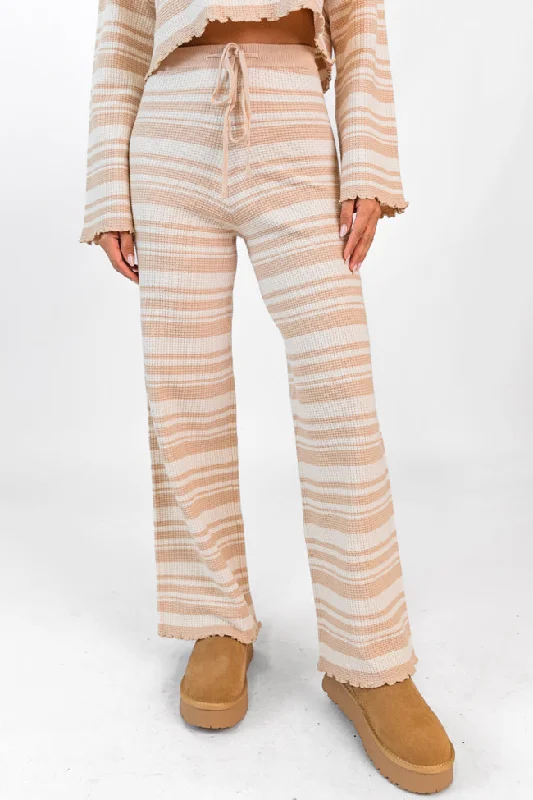 Chic And Trendy Take You There Taupe Striped Lettuce Hem Lounge Pants FINAL SALE