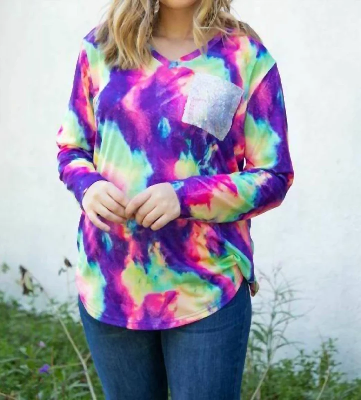 Best Clearance Sales Right Now Tie Dye V Neck Sequin Pocket Bright Colors Top In Multi