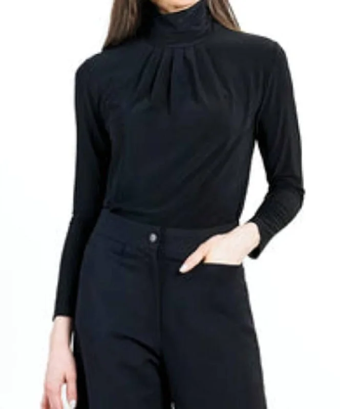 Stylish Savings Mock Neck Pleated Detail Top In Black