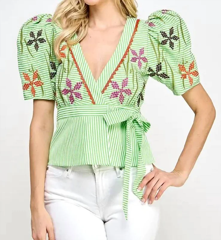 End of Season Sale Floral Embroidery Top In Green