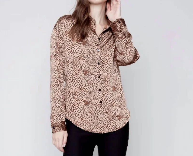 Women's Urban Fashion Printed Gutsy Satin Button Front Shirt In Animal Print