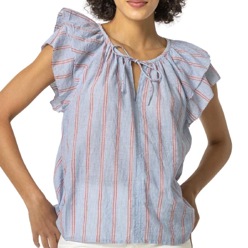 Comfortable Chic Ruffle Sleeve Split Neck Top In Tide Stripe