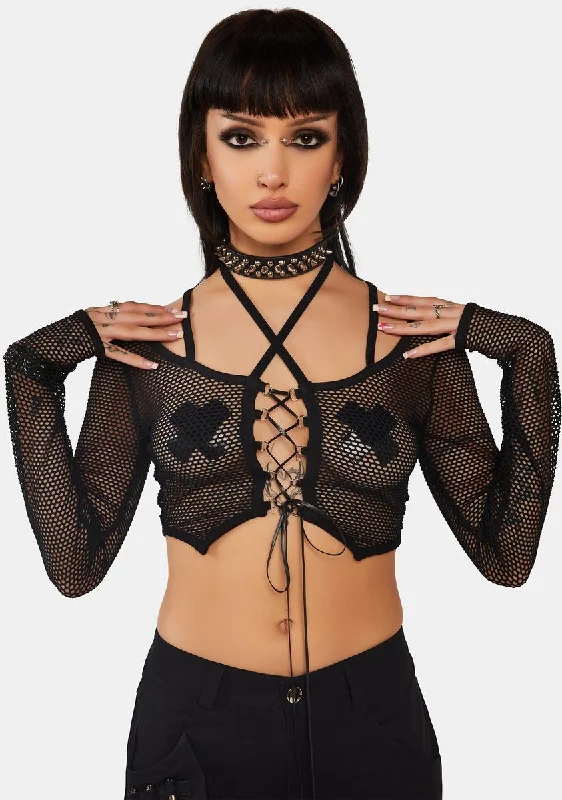 Relaxed Fit Women's Fashion Punk Rock Net See-Through Sexy Lace Top