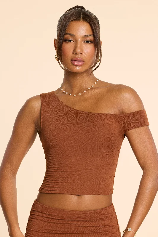 Pastel Styles Asymmetric Neck Ruched Modal Cashmere Blend Top in Chestnut Brown