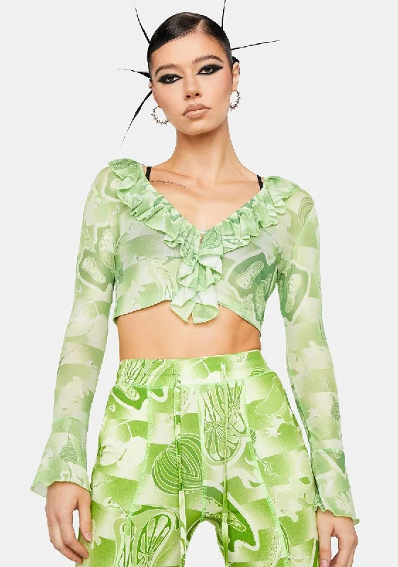 Chic Style, Always In Vogue The Garden Print Mesh Ruffle Top