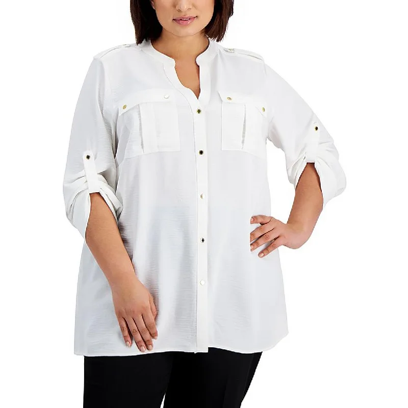 Wardrobe Update Plus Womens Front Pockets Rolled Sleeve Button-Down Top