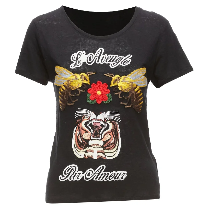 Imeless Style Gucci L'aveugle Par Amour Linen Tiger Rose Print Patch Tshirt