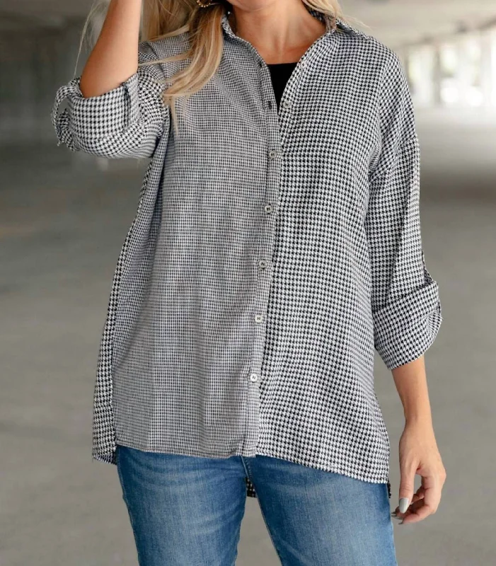 Redefining Women's Style Mixed Houndstooth Button Up Top In Grey