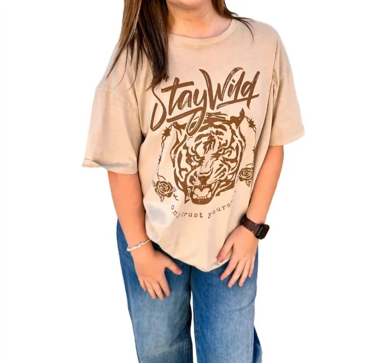 Exclusive Discounts Premium Wash Oversized Stay Wild Tiger Graphic Top In Taupe