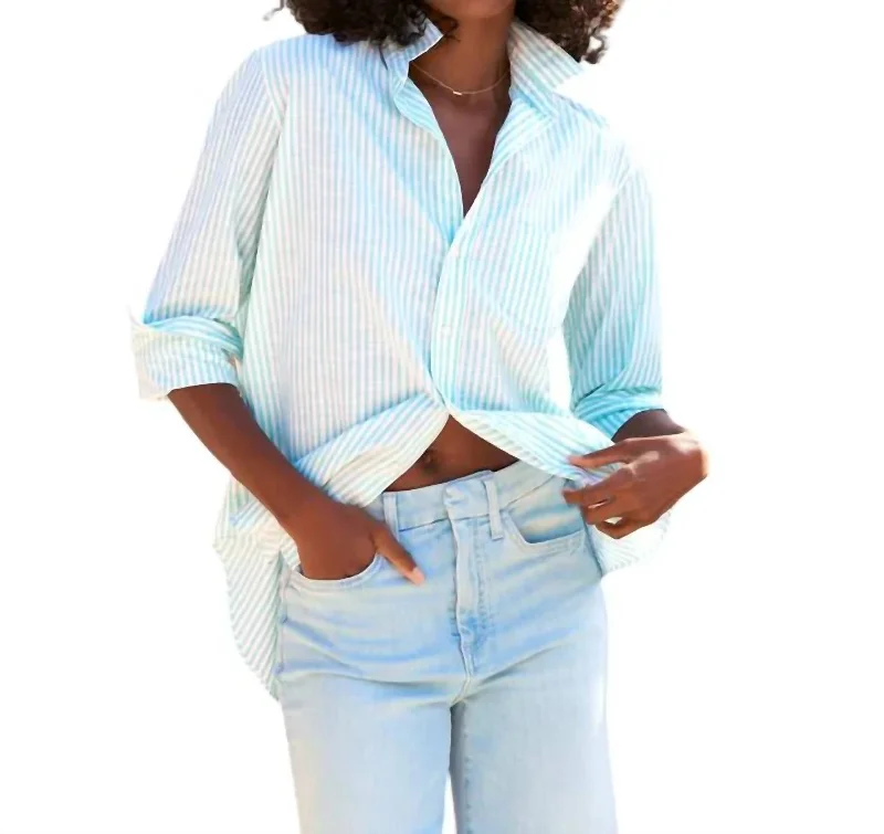 Women's Clothing Boutique Eileen Relaxed Button-Up Shirt In Jade Stripe