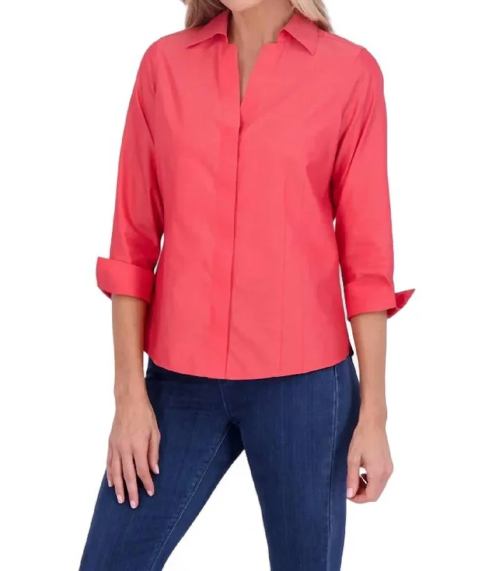 Elegant Women's Clothing Taylor 3/4 Sleeve Pinpoint Non-Iron Shirt In Simply Red