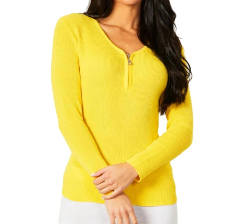 Special Occasion Wear Zip V-Neck Top In Lemon