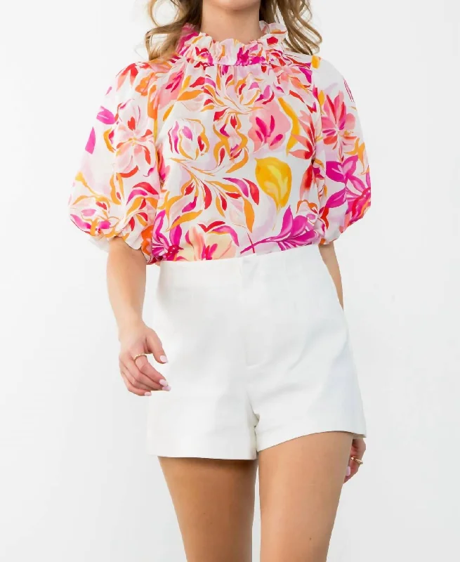 Fashionista Favorites Puff Sleeve Flower Print Top In Floral Pink