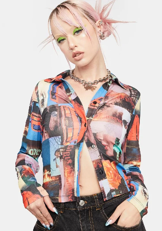 Versatile Wardrobe Essentials Collage Print Mesh Shirt