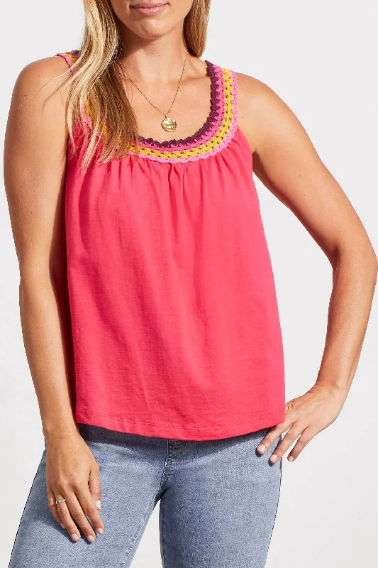 Online Clothing Boutiques Crochet Neckline Flowy Top In Fruit Punch