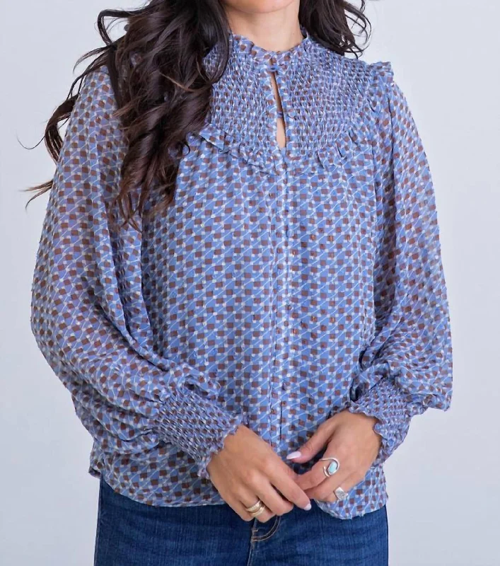 Fashion Forward Geometric Smocked Button Top In Blue