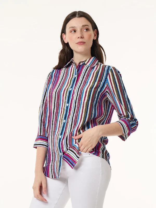 Flash Discount Petite Striped Button Front Collared Shirt, Crepe de Chine