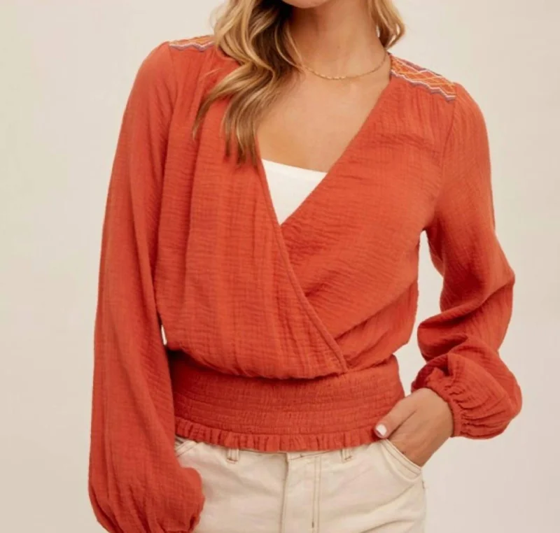 Fashionista Favorites Embroidered Top In Rust