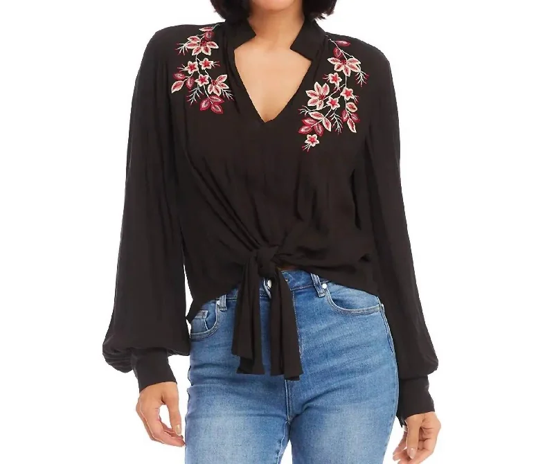 Clearance Sale Embroidered Tie Front Top In Black