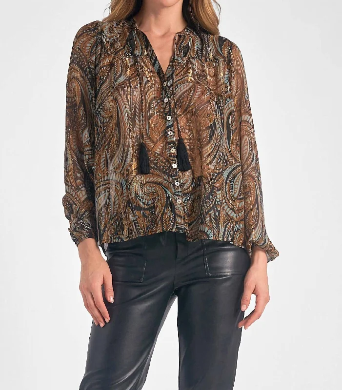 Fashion-forward Women's Clothing Paisley Top In Chiffon Brown