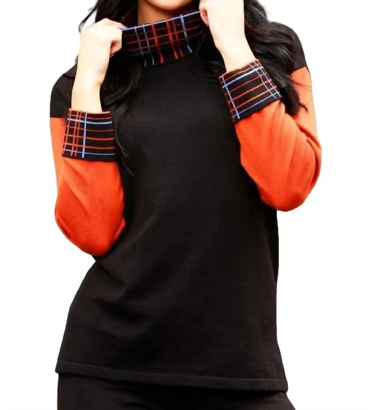 Don't Miss Out Plaid Turtleneck Top In Black/multi