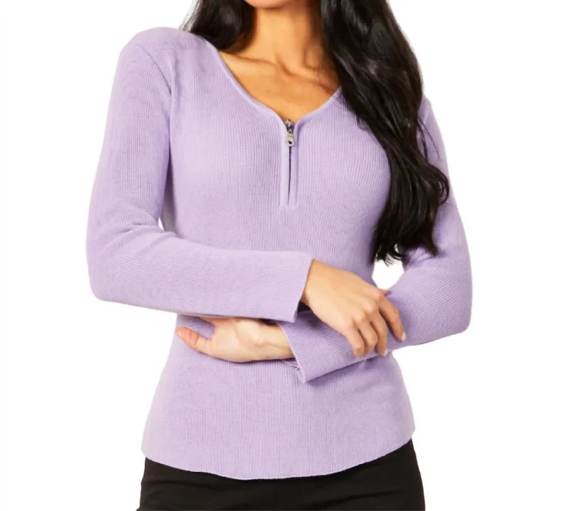 Exclusive Discount Zip V-Neck Top In Lilac