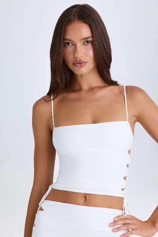 Trendy Street Style Attire Ruched Cut-Out Top in White