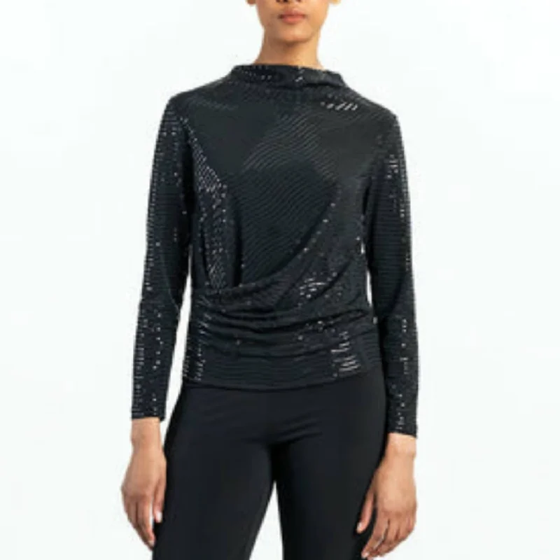 Chic And Comfortable Shimmer Embellished - High Boat Neck Side Draped Top In Black