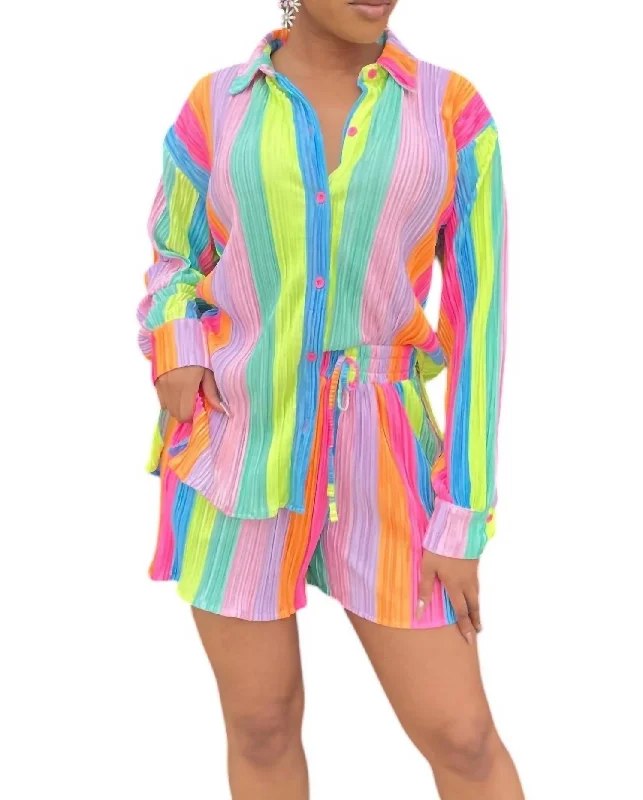 High-End Women's Apparel Pleated Short Set In Multicolored