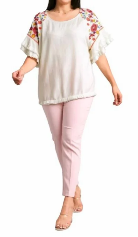 Trendy Women's Wear Collection Embroidery Round Neck Top In Off White