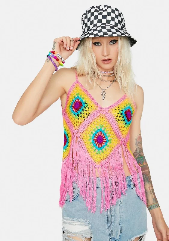 Street Style Fashion Fields Of Sunlight Crochet Fringe Top