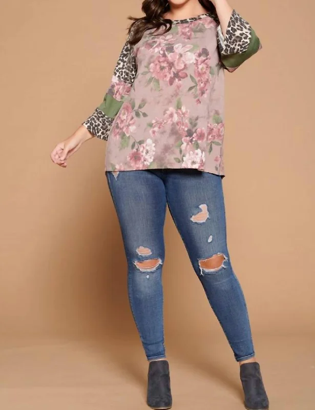 Clothing Online Floral And Leopard Raglan Sleeve Plus Top In Mauve