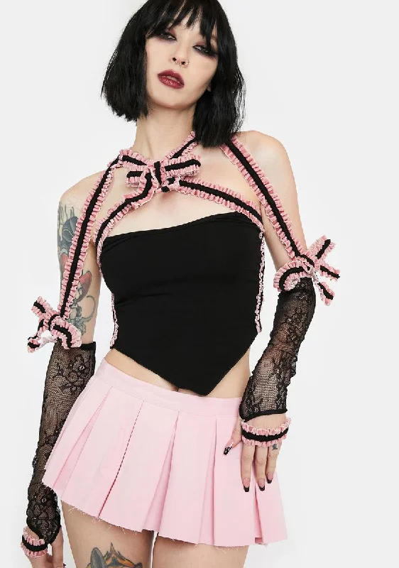 Current Trends Pink Velvet Bowknot Lace Sleeve Top