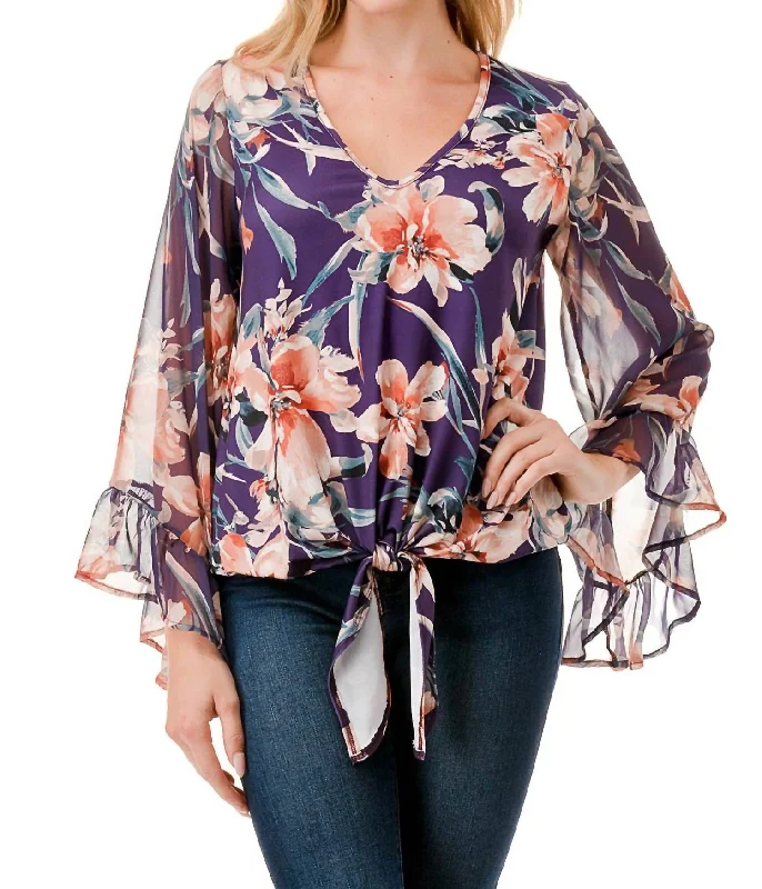 Women Wear Brands Jane V-Neck Ruffle Sleeve Top In Purple Flower