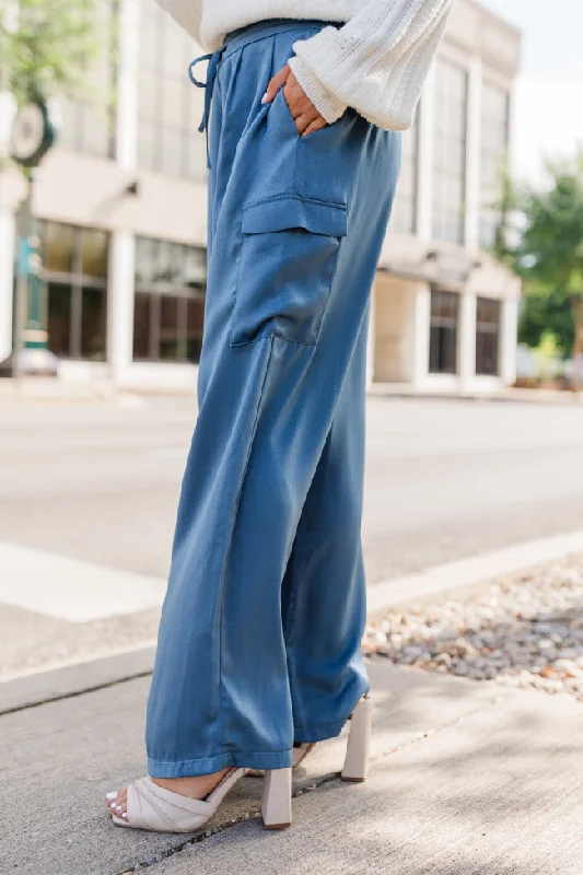 Comfortable Chic Cool Touch Blue Satin Cargo Pull On Pants FINAL SALE