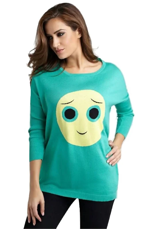 Casual Chic Big Eyes Emoji Top In Teal