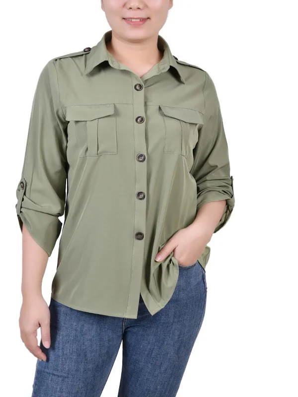 Huge Discounts This Week Petites Womens Collared Pocket Button-Down Top