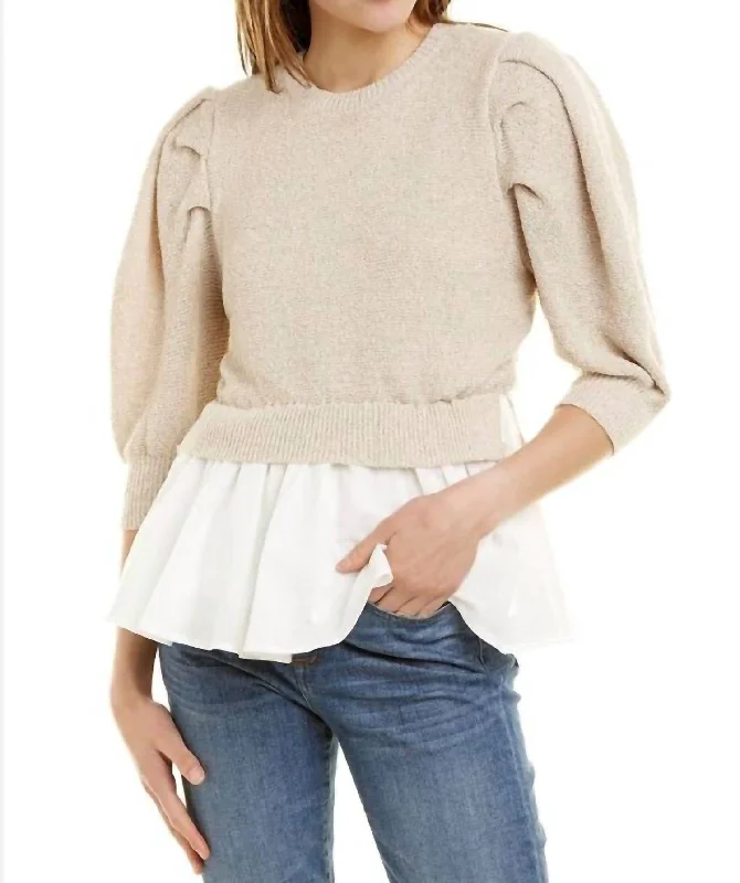 Clothing Woman Mixed Media Puffed Sleeve Top In Natural