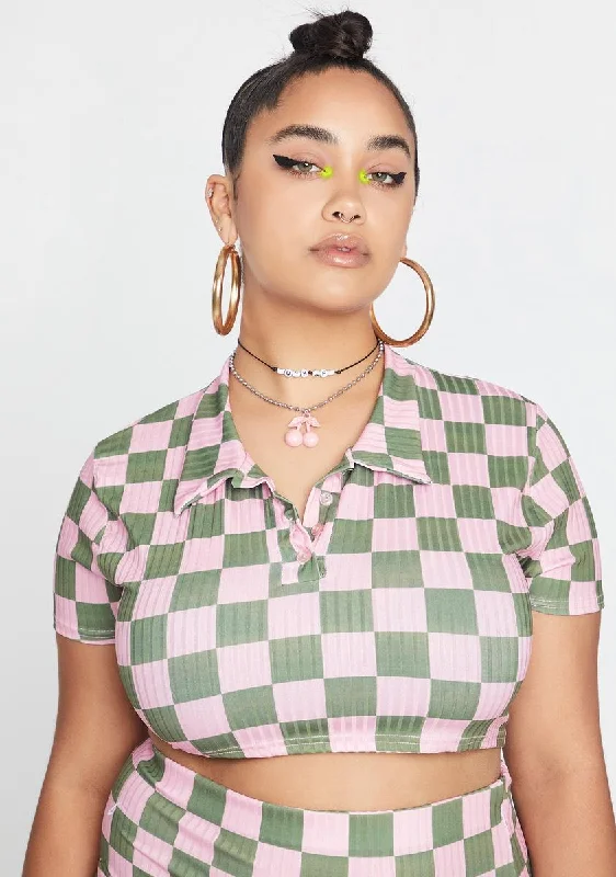 Women Clothing Plus Rib Checkerboard Polo