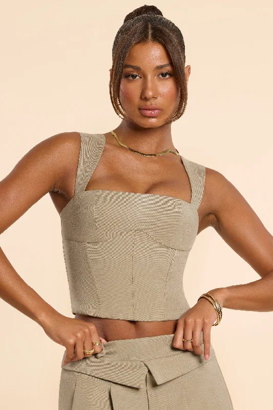 Unbeatable Deals Brushed Twill Square Neck Tailored Top in Taupe