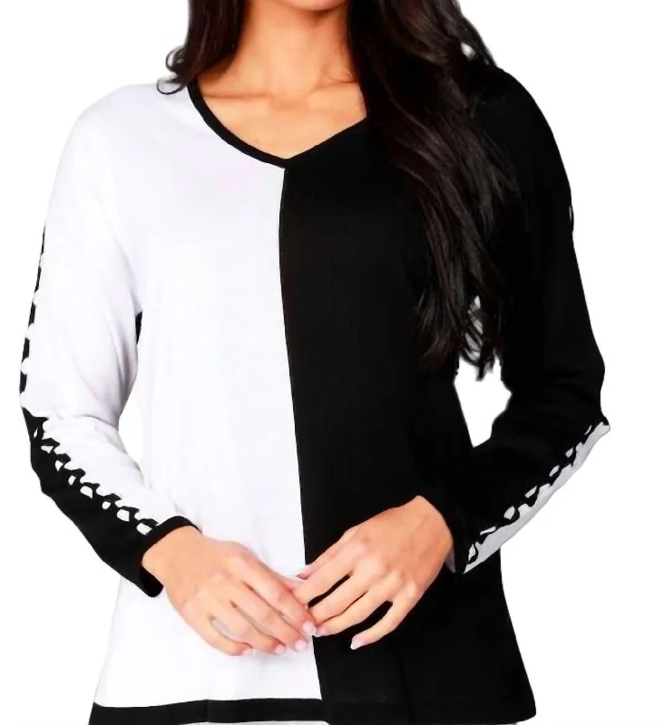 Fashion-forward Women's Clothing Color Block V-Neck With Detail Sleeve In Black/white