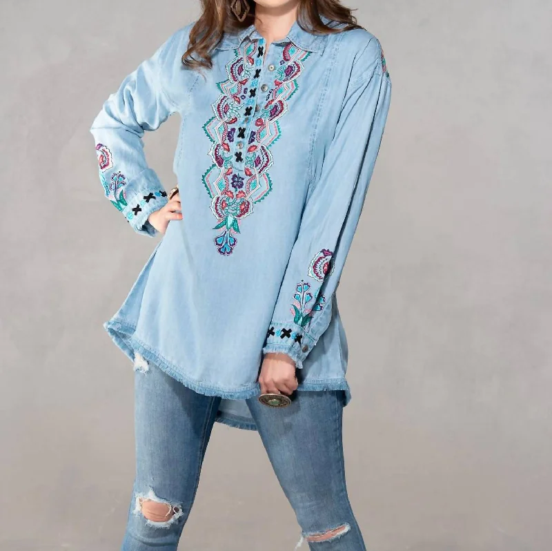 Fashionable Tops for Women Charlie Floral Embroidered Tencel Shirt In Denim