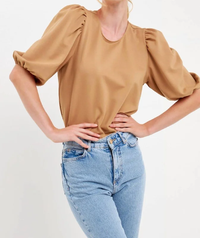 High Street Women's Fashion for Trendy Shoppers Macie Ponte Puff Sleeve Top In Camel