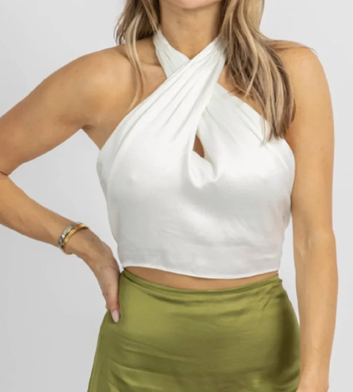 Trend Setting Threads Front Cross Back-Tie Satin Crop In White