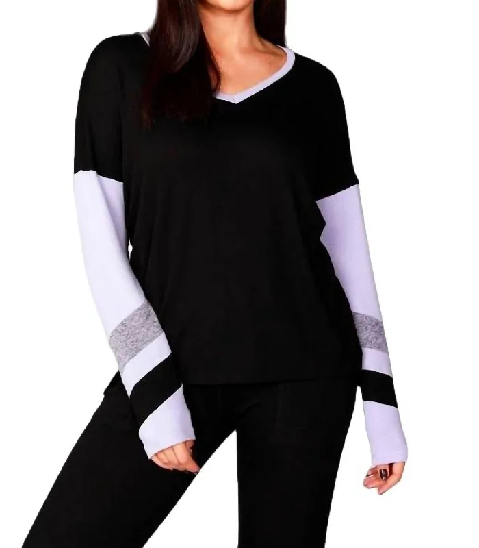 Luxury Women's Clothing Color Block V-Neck With Stripe In Black/lilac