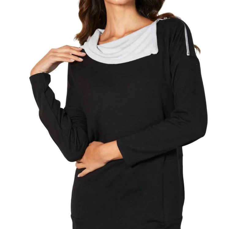 Timeless Elegance Redefined Zip Neck Top In Black/slate