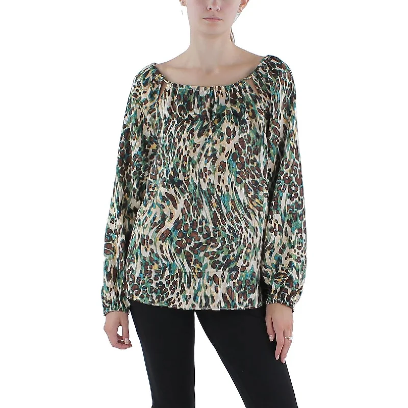 Evening Looks Layla Womens Animal Print Keyhole Peasant Top