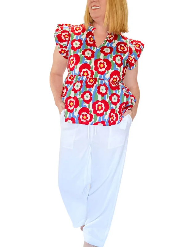 Business Casual Outfits Field Of Flowers Top In Red, White And Blue Mix Floral Print